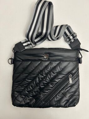 Think Royln Pearl Black Puffer Cloud Diagonal Crossbody Bag w/Striped Web Strap